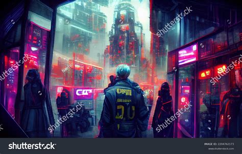 City Virtual Reality People Walking Cyberpunk Stock Illustration