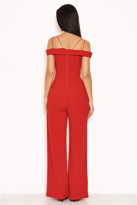 Red Strappy Off The Shoulder Jumpsuit Ax Paris