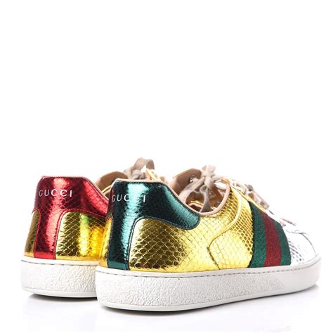 Gucci Mens Metallic Snakeskin New Ace Sneakers 8 Gold Silver 292792