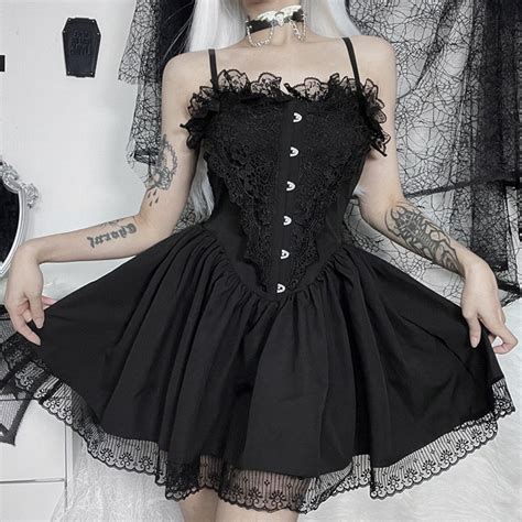 Corset Black Dress Goth Aesthetic Lace Trim Punk Button A Line Etsy