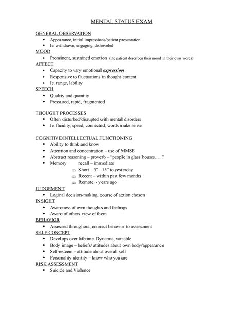 Mental Status Exam Terminology Sheet Mental Status Exam General