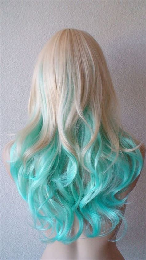 Blonde Mintteal Color Wig Blue Tips Hair Blonde And Blue Hair Mint