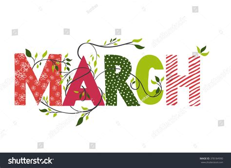 March Month Name Lettering Branches Young Stock Vector