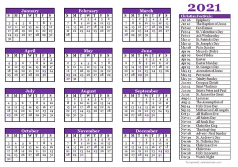 2021 Christian Festivals Calendar Template Free Printable Templates