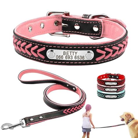 Leather Dog Collar And Leash Set Inner Padded Customized Engraved Id