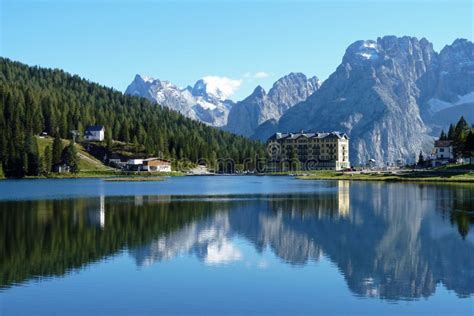 Misurina Lake Panorama In The Background Dolomiti Mountains In Cortina
