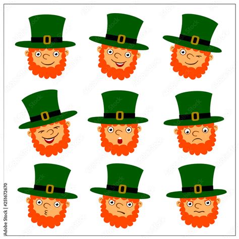 Set Of Funny Leprechaun Faces With Different Emotions For St Patricks