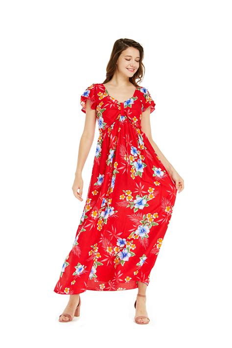 Hawaii Hangover Womens Hawaiian Maxi Ruffle Sleeve Dress In Hibiscus