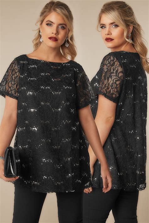 Black Lace Shell Top With Sequin Details Plus Size 16 To 36