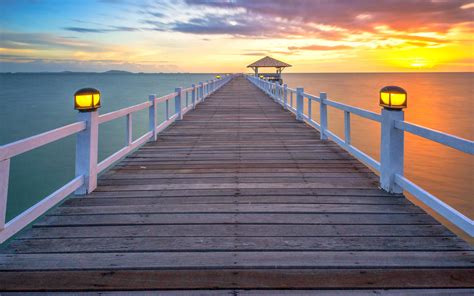 Golden Sunset Over The Ocean Port Bay Wooden Bridge 4k Ultra Hd Desktop