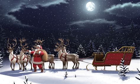 Download Snowfall Moon Night Sleigh Reindeer Santa Holiday Christmas 4k