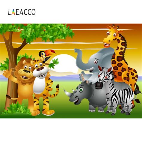 Laeacco Safari Birthday Party Jungle Animals Baby Cartoon Poster Photo