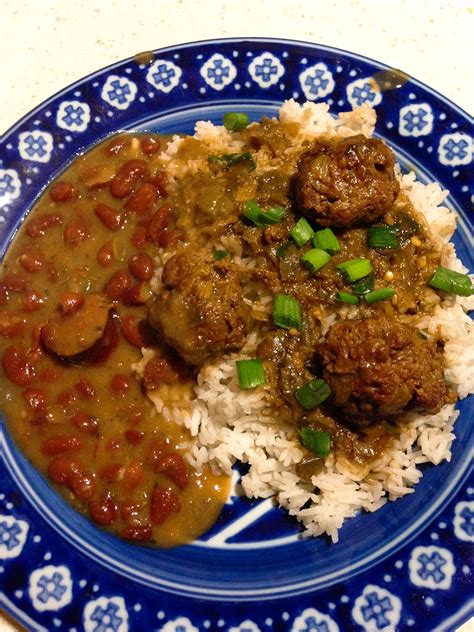 Cajun Meatball Stew Over White Rice With A Side Of Red Beans And Smoked