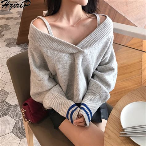 Hzirip 2018 Women Knitted Sweater Autumn Winter Pullover Tops Slim Wild V Neck Loose Casual