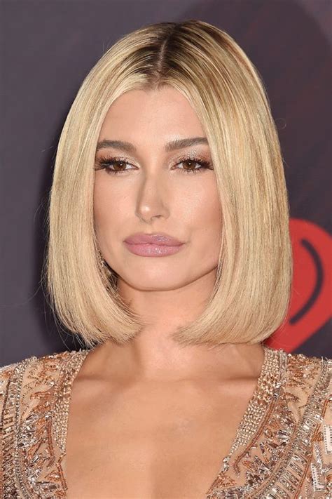 hailey baldwin straight light brown blunt cut bob dark roots hairstyle steal her style