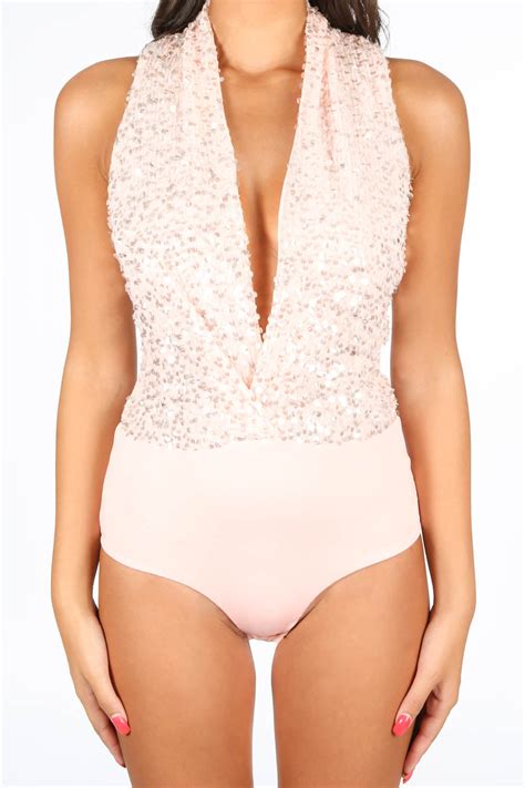 Pink Sequin Plunge Front Bodysuit Dressed In Lucy