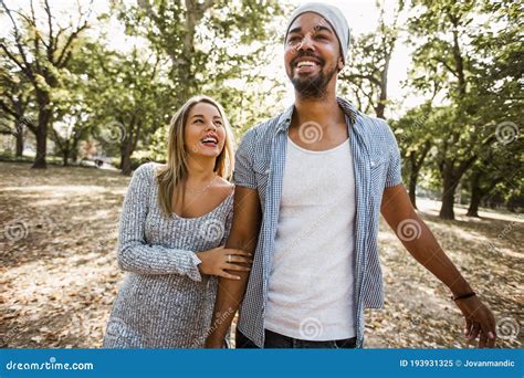 Pportrait Of Romantic And Happy Mixed Race Young Couple In Park Stock Image Image Of