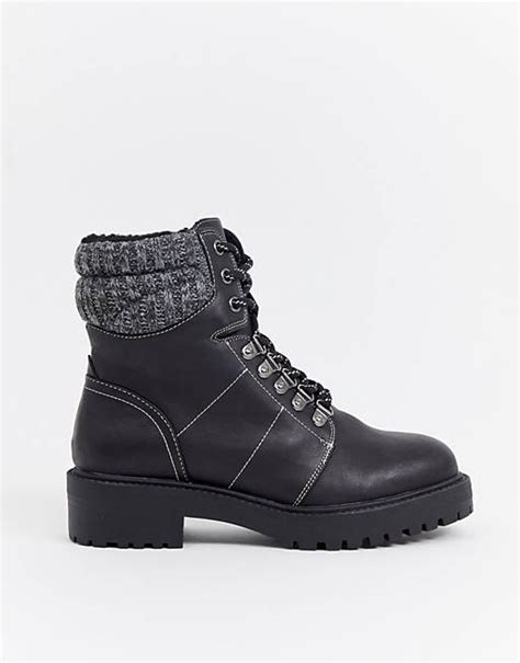 new look flat hiker boots with contrast stitch in black asos