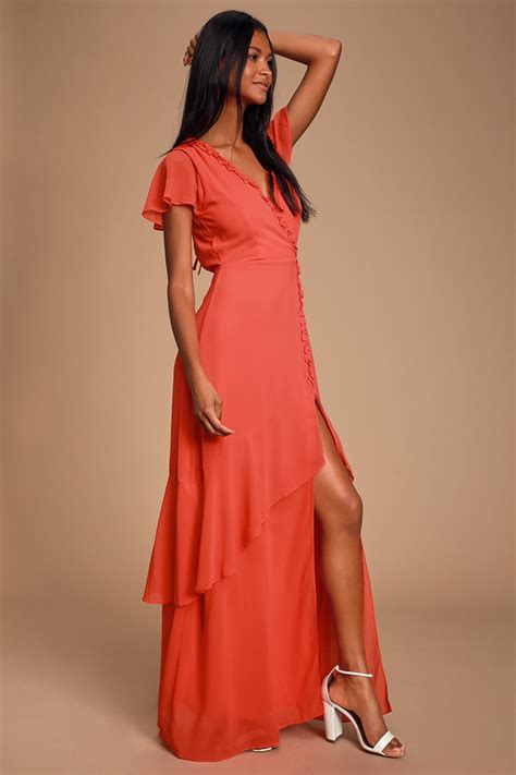 Glam Coral Red Dress Maxi Dress Ruffled Maxi Dress Lulus