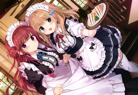 2girls Apron Blue Eyes Breasts Brown Hair Food Kimishima Ao Long Hair