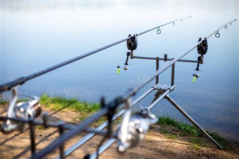 Freshwater Angling With Rods Beside A Lake Stock Image Image Of Sport