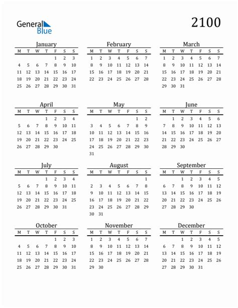 2100 Calendar With Monday Start