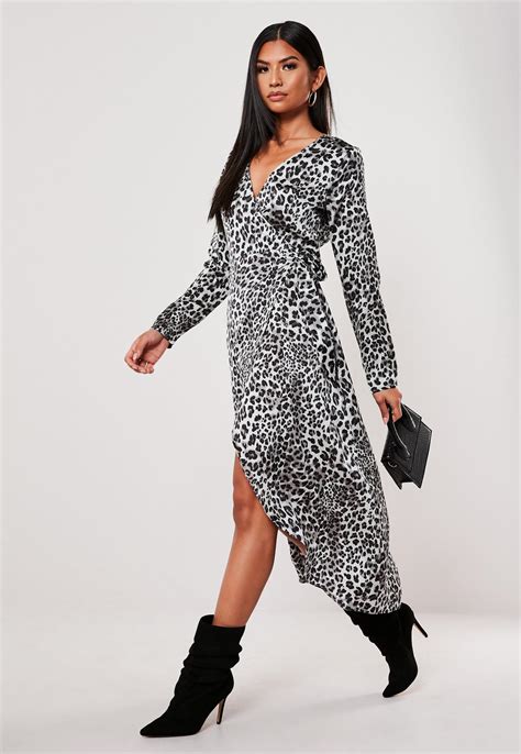 Grey Leopard Print Midi Wrap Dress Missguided Australia