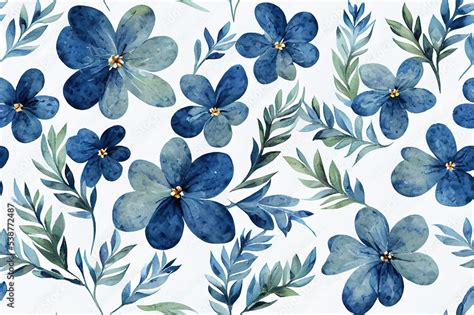 Floral Seamless Pattern With Delicate Blue Flowers Plants And Leaves