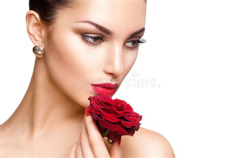 Woman With Red Rose Stock Image Image Of Lipgloss Gloss 46093785