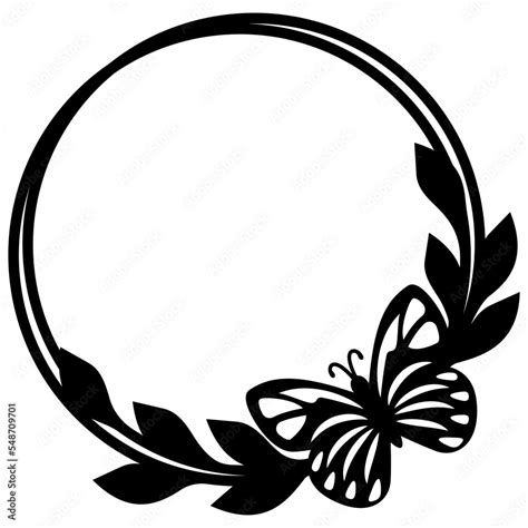 Round wreath with butterfly and leaves svg, Cake topper frame Stock