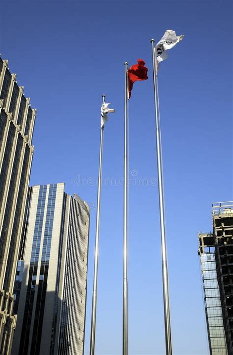Flags In Front Of The Office Building Stock Image Image Of Place