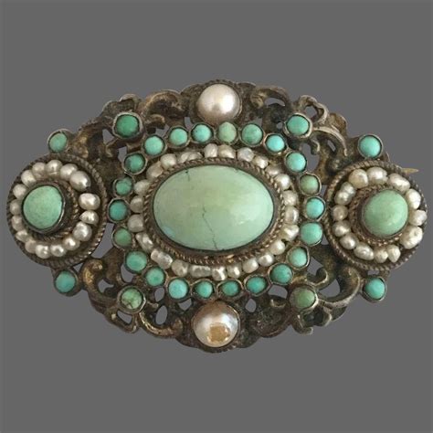 Antique Victorian Hungarian Austro Turquoise Seed Pearl Gilded Silver