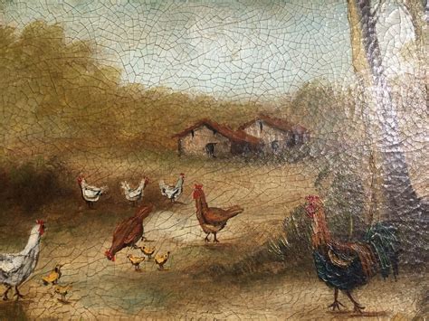 Two Antique French Oil Paintings Chickens In Farmyard Signed 40x34cm