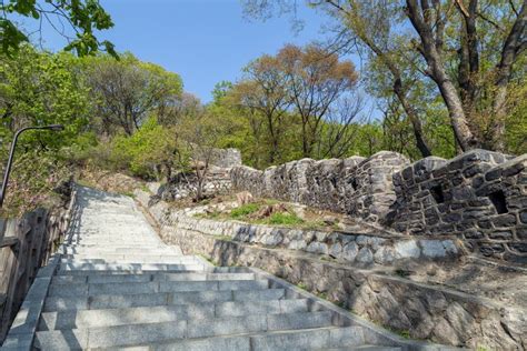 Stairway And Fortress Wall At The Namsan Park In Seoul Stock Photo
