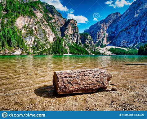 Amazing Panoramic View Of Braies Lake Dolomites Mountains In Summer