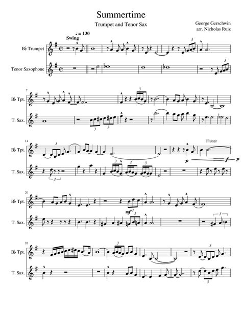 Summertime Sheet Music For Trumpet Tenor Saxophone Download Free In