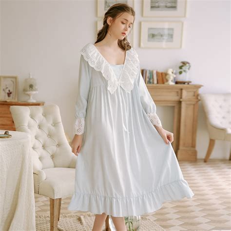 Women Sleepwear Lace Long Sleeves Vintage Princess Sleep Lounge Dress Light Blue Elegant Summer