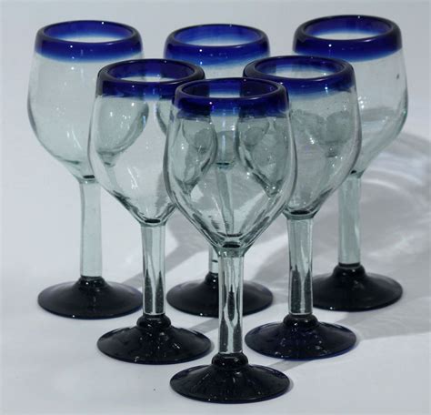 Mexican Wine Glasses Hand Made Set Of 6 Cobalt Blue Rim Base Mexican Glassware Wine