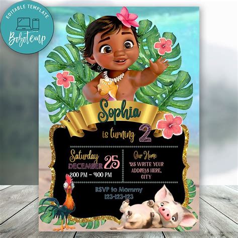Editable Disney Princess Baby Moana Invitation Instant Download
