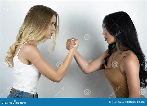 Confrontation Between Blonde And Brunette White Background Stock Image Image Of Contrasting