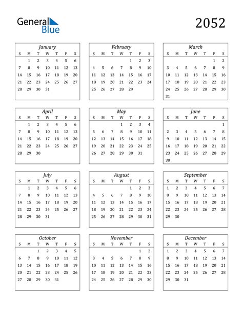 2052 Calendar Pdf Word Excel