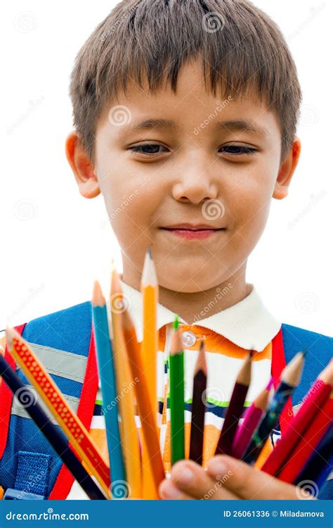 Schoolboy With Colored Pencils Stock Photo Image Of Child Isolated