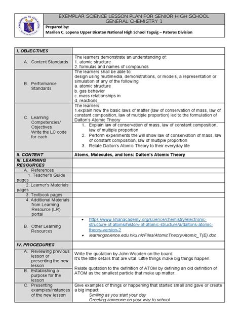 Exemplar Science Lesson Plan For Senior High School General Chemistry 1