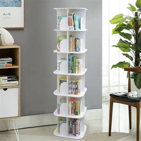 Square 6 Tier Swivel Rotating Storage Display Bookcase Bookshelf White