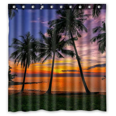 Phfzk Ocean Shower Curtain Sunset Tropical Beach Palm Tree Polyester