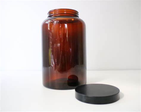 Large 1970s Brown Amber Glass Jar With Black Screw Top Lid Biba