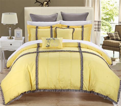 Legend Yellow Gray Piece Quilted Embroidery Comforter Bed In A Bag