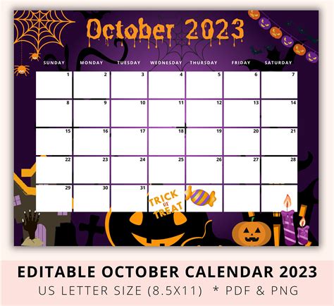 Editable October 2023 Calendar Printable Trick Or Treat 2023 Academic