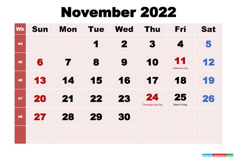 Free Printable 2022 Monthly Calendar With Holidays November