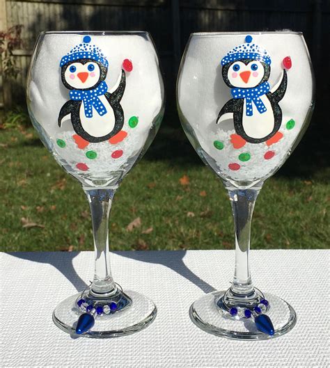 Christmas Wine Glasses With Hand Painted Penguins And Wine Etsy Christmas Wine Glasses